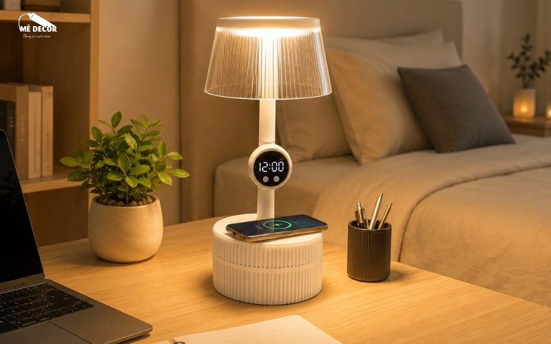 Đèn bàn trang trí nhà cao cấp tích hợp đồng hồ và giá đỡ điện thoại
