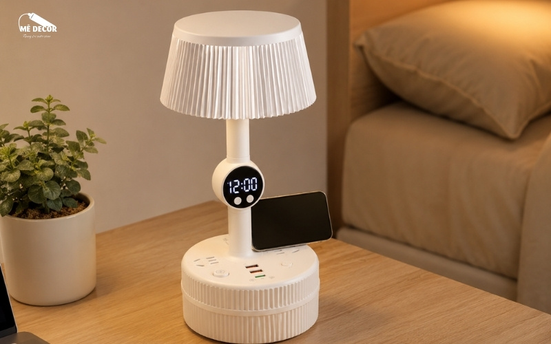 Đèn để bàn tích hợp đồng hồ và sạc tiện lợi cho góc học tập, nghỉ ngơi