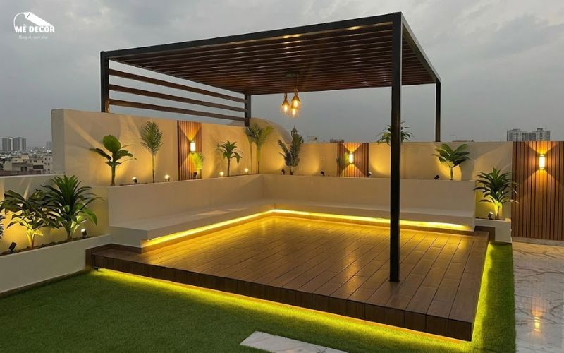 Không gian sân vườn ngoài trời với đèn Led dây