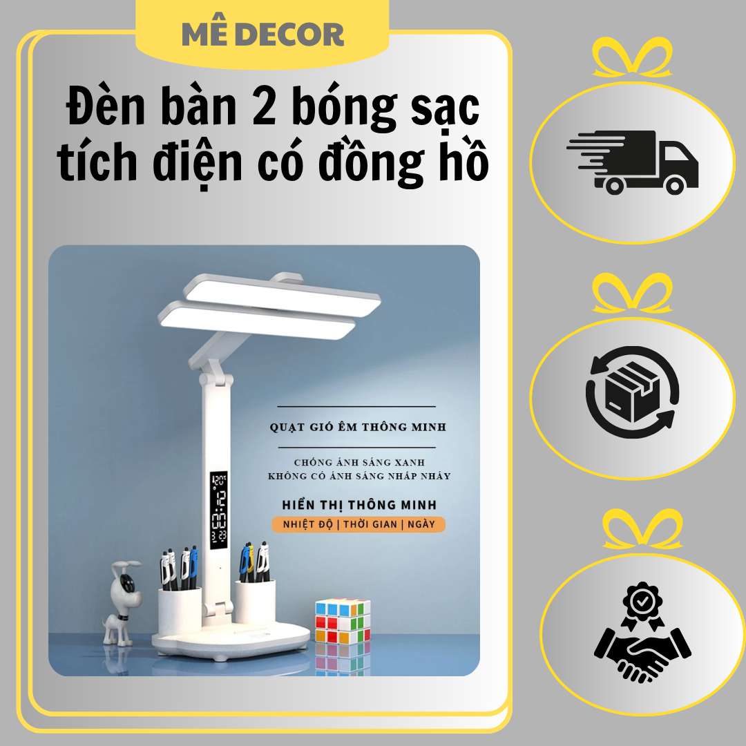 đèn bàn 2 bóng sạc tích điện có đồng hồ